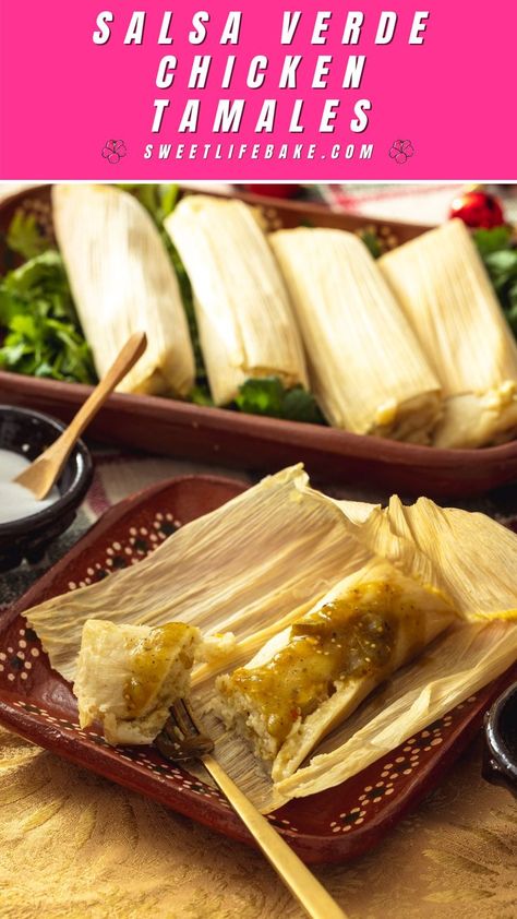 Salsa Verde Chicken Tamales made with chicken cooked in salsa verde until fork tender spooned onto a tender masa steamed in a corn husk make for the ultimate holiday feast. Excited to share this Tamale de Pollo con salsa verde recipe with you today. Salsa Verde Chicken Tamales, Sauce For Chicken Tamales, Chicken Filling For Tamales, Chicken Tamales With Green Sauce, Chicken Verde Tamales, Green Chili Chicken Tamales Recipes, Authentic Chicken Tamales, Green Chicken Tamales Recipe, Green Chili Chicken Tamales