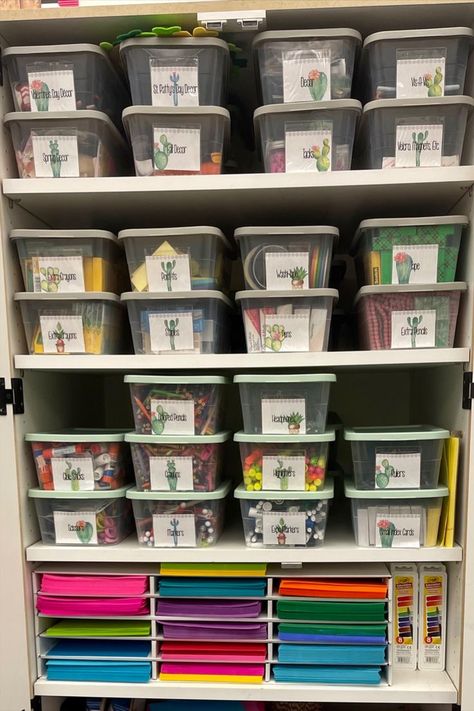 Every year it is a battle to keep my storage closet nice and neat for myself and students to use. I love having classroom supplies for all students so everyone has the same opportunities to create something amazing. This is when I created my system with the bins and organizers for students and myself. #teacherstorage #teacherorganization #classroomsupplies #teaching #teacherhack #teacherstoragehack #organizedteacher Teacher Storage Organization, Teacher Supplies Organization, Classroom Art Supplies, Classroom Supplies Organization, Teacher Storage, Kindergarten Organization, School Supply Storage, Math Classroom Decorations, School Storage