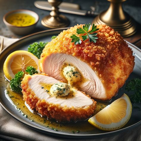 Cooking up Joy - Made with love: Chicken Kiev: A Classic European Delight European Cuisine Recipes, Chicken Ala Kiev, Baked Chicken Kiev, Dinner For Guests, Cheesey Chicken, Chicken Kiev Recipe, Picture Template, Pub Grub, Chicken Kiev