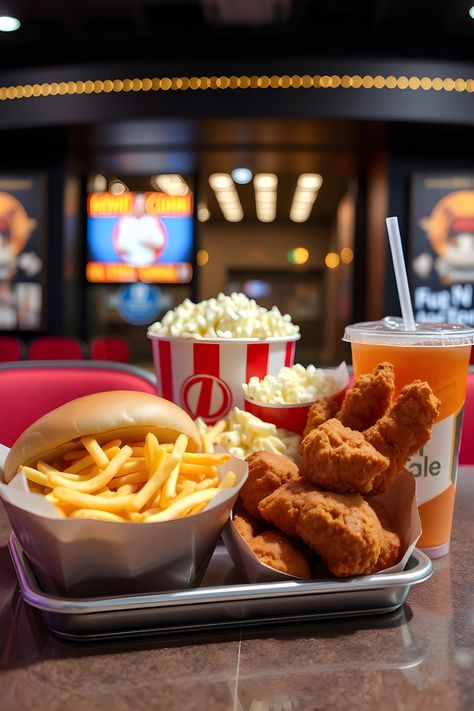 un combo de comida que traiga una hamburguesa , nachos, papas , palomitas, pollo frito y un refresco,para el cine, que este exhibido en la mesa de  la tienda del cine, de fondo que este la entrada del cine, estilo cinema, estilo único, muy detallado, alta resolución.
**MIS CREACIONES 
**YOSS FERRERA 
**ARTE Nachos