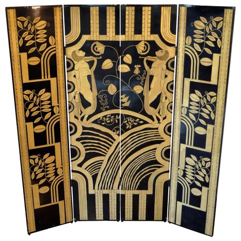 Black Lacquer and Gold Screen:  Paul Fehér Art Deco Screen, Panel Screen, Folding Screen, Iron Work, Geometric Motifs, Gold Art Deco, Black Lacquer, Antique Decor, Art Deco Era