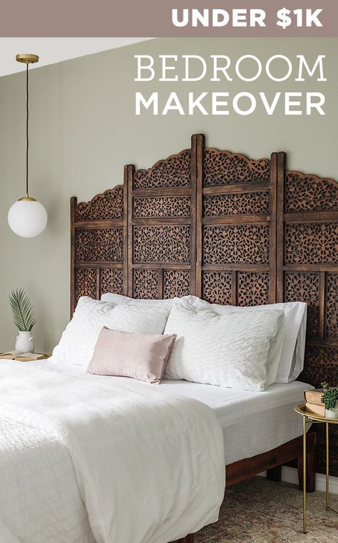 1 Day $1k Boho Bedroom Transformation Boho Master Suite, Morrocon Boho Bedroom, Headboard Transformation Ideas, Marroco Style Decor Bedroom, Indian Bedroom Makeover Ideas, Boho Gold Bedroom, Room Divider Headboard Ideas, Morrocon Interiors, Diy Headboard Ideas Boho