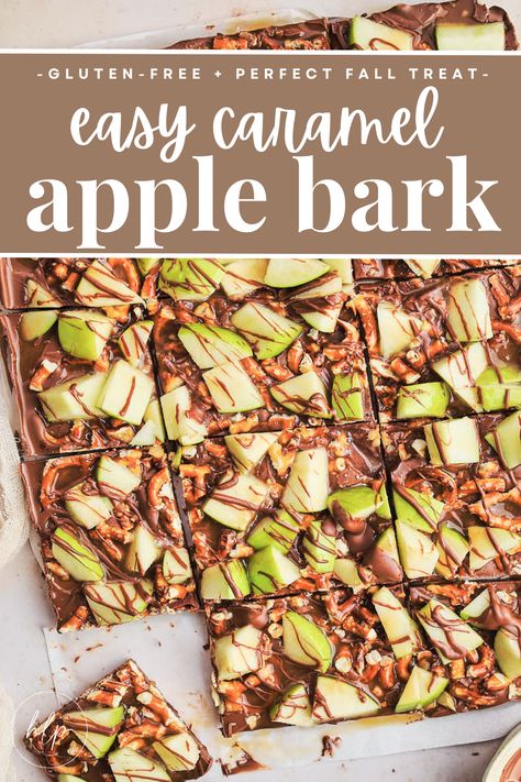 a pinterest pin for caramel apple bark dessert on parchment paper cut into squares Caramel Apple For Party, Fall Green Apple Recipes, Apple Caramel Pretzel Bark, Fall Snacks For Work Party, Caramel Apple Bark My Heavenly Recipes, Carmel Apple Sticks, Chocolate Apple Pretzels, Thanks Giving Treats Ideas, No Bake Caramel Apple Casserole