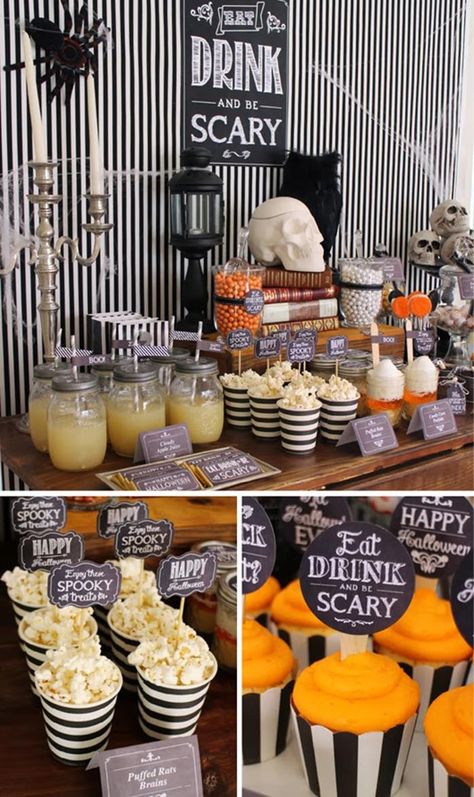 Eat, Drink, & Be Scary Halloween Party with Lots of Really Cute Ideas via Kara's Party Ideas KarasPartyIdeas.com #HalloweenParty #HalloweenP...love the sign Snack Halloween, Halloween Invitaciones, Halloween Chalkboard, Cheap Diy Halloween Decorations, Dulces Halloween, Halloween Party Snacks, Halloween Fest, Halloween House Party, Halloween Tattoo