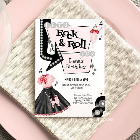 1950 Sock Hop Invitation, 1950s Girl, Sock Hop, Pen Design, Label Paper, Invitation Printable, Office Max, 8th Birthday, Birthday Party Invitation