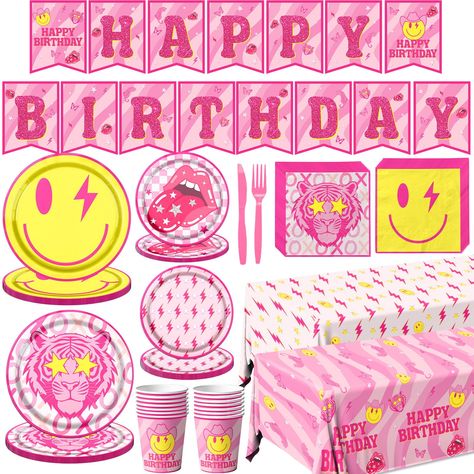 PRICES MAY VARY. 【Package Includes】You will receive 143pcs pink preppy birthday decorations including 2pcs preppy party tablecloth, 1pc banner, 20pcs 9inch plates, 20pcs 7inch plates, 40pcs napkins, 20pcs 9oz cups, 20pcs forks, 20pcs knives.The preppy party decorations will bring you a joyful atmosphere to your preppy party. 【Material】The smiley face birthday decorations are made of safe and high-quality material. The smiley face plates and cups are sturdy enough to carry food and drinks. 【Cute Preppy Girl Birthday Party, Preppy Decorations Party, Smiley Face Birthday Party Ideas, Preppy Party Ideas, Y2k Party Decorations, Preppy Party Decorations, Pink Birthday Decor, Birthday Smiley Face, Preppy Birthday Party