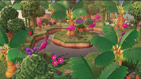 Acnh Flamingo, Pond Design Ideas, Animal Crossing Designs, Pond Animals, Animal Crossing 3ds, Animal Crossing Guide, Animal Crossing Wild World, Island Theme, Watering Hole