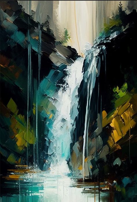 Water Mountain Painting, Painting Emotions Feelings, Contemporary Acrylic Painting, Abstract Waterfall Painting, Mountain Waterfall Drawing, Waterfalls Painting, Abstract Forest Painting, Abstract Waterfall, Waterfall Drawing