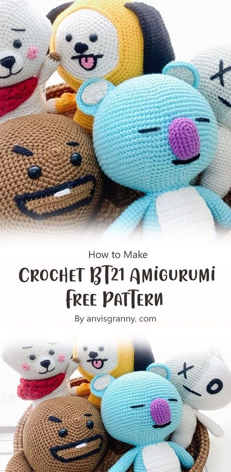 BT21 is a line of characters created by the South Korean company Line Friends. The characters are marketed towards teens and young adults who enjoy K-pop music and culture. In this article, you’ll find a free pattern to crochet your own BT21 amigurumi. Hope you like this Crochet BT21 Amigurumi Free Pattern By anvisgranny. com. Bts Amigurumi, Bt21 Crochet, Crochet Booth, Weird Crochet, Bts Crochet, Kpop Crochet, Tomboy Swag, Bt21 Characters, 2023 Crochet