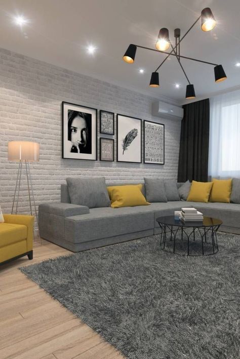 Scandinavian Livingroom, Grey Walls Living Room, Gray Living Room Design, Scandinavian Design Living Room, Style Salon, Yellow Living Room, Cottage Living Rooms, Living Room Color Schemes, Trendy Living Rooms