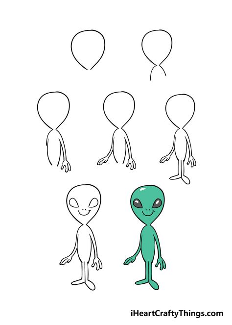 How To Draw An Alien Step By Step, How To Draw A Alien, Simple Alien Drawings, How To Draw Alien, Alien Illustration Cute, Cartoon Alien Drawing, Alien Drawing Easy, Cute Alien Drawing, Draw Alien