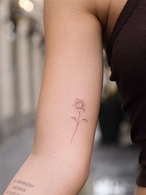 Rose Tattoo Dainty, Dainty Rose Tattoo Arm, Small Rose With Stem Tattoo, Rose Flower Tattoo, Dainty Rose Tattoo Simple, Small Rose Line Tattoo, Unique Rose Tattoo, Dainty Flower Tattoos, Simple Rose Tattoo