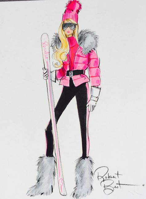 Barbie Skiing Outfit Sketch by Robert Best Barbie Fashion Illustration, Sport Fashion Illustration, Winter Outfit Sketch, Robert Best Barbie Sketches, Skiing Sketch, Ski Sketch, Ski Barbie, Robert Best Barbie, Barbie Sketch