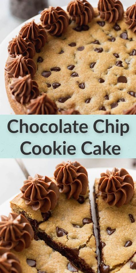 Cookie Cake Recipe Chocolate Chip, Frosting For Chocolate Chip Cookies, Chocolate Chip Birthday Cookie, Soft Cookie Cake Recipe, Cookie Cake Using Store Bought Dough, Chewy Cookie Cake, Brownie Cookie Cake Birthday, Easy Chocolate Chip Cookie Cake, Dessert Recipes With Chocolate Chips