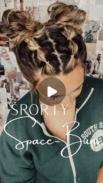 Easy And Cute Hair Styles, Sporty Space Buns, Bubble Braid Bun Hairstyles, Crazy Hair Day Teacher Ideas, No Braid Hairstyles Easy Sports, Sports Mom Hairstyles, Cute Hairstyles For Medium Hair Updos, Gymnastics Hairstyles For Competition Easy, Baseball Hairstyles For Women