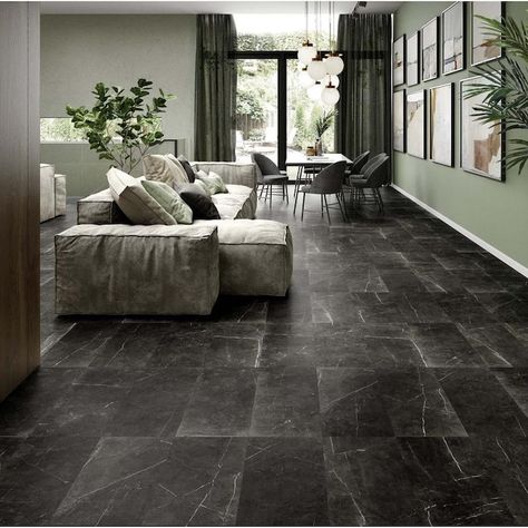 American Villa Noir Black Veined 12-in x 24-in Glazed Porcelain Marble Stone Look Floor and Wall Tile in the Tile department at Lowes.com American Villa, Black Marble Floor, Concrete Material, Tiles Living Room, Black Floor Tiles, Classic Tile, Nero Marquina, Granite Flooring, Black Tiles