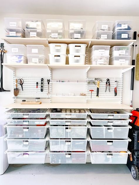 Garage Storage And Organization Ideas, Garage Drawer Organization, Aesthetic Garage Storage, Light Bulb Organization, Tool Closet Organization, Garage Zones, Light Bulb Storage, Elfa Garage, Garage Workspace