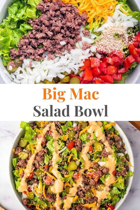 Big Mac Salad Healthy Big Mac Salad, Ground Beef Salad, Healthy Big Mac, Salad With Ground Beef, Low Carb Dressing, Mac Salad Recipe, Bun Making, Salad Recipes Low Carb, Mac Sauce