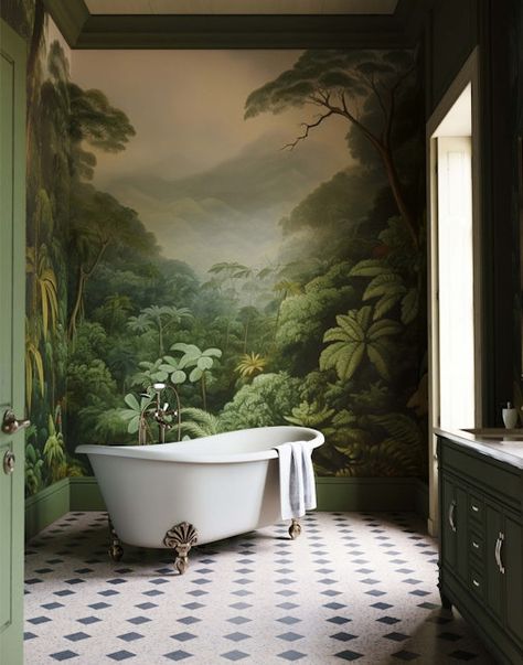 Natural Wall Mural, Shower Mural Ideas, Rustic Mural, Tropical Rainforest Wallpaper, Bathroom Murals, Wallpaper Half Bath, Wallpaper Bathroom Ideas, Forest Landscape Wallpaper, Rainforest Wallpaper