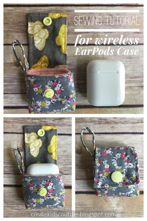 Ear Bud Case Diy Sewing Projects, Simple Useful Sewing Projects, Sewing Machine Patterns Free, Sewing Projects For Office, Free Small Sewing Projects For Gifts, Earbud Case Sewing, Sewn Airpod Case, Office Sewing Projects, Airpod Case Sewing Pattern