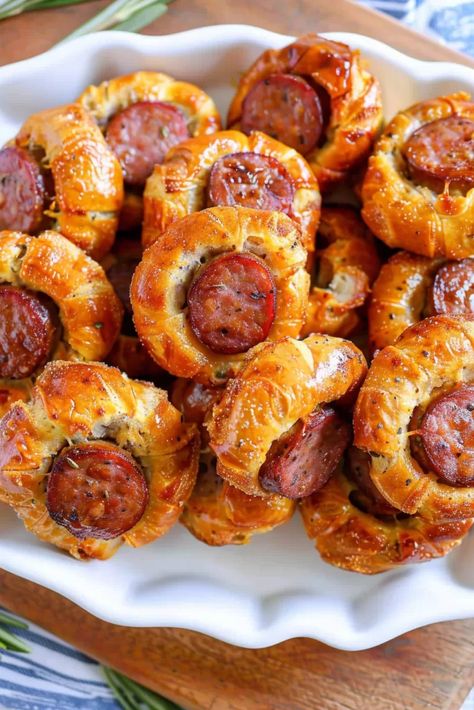 Small Sausage Appetizers, Polish Sausage Appetizers, Chicken Sausage Appetizer, Smoked Sausage Appetizers, Sausage Braid, Pillsbury Appetizers, Sausage In A Blanket, Sausage Pastry, Sausage Crostini