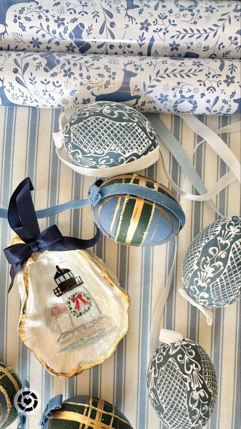 Holiday decor is arriving and I adore this Nantucket Brant Point ornament, these painted egg ornaments, and Christmas toile wrapping paper. Blue and white home, Christmas decor, tree ornaments, holiday decor Follow my shop @kristynewengland on the @shop.LTK app to shop this post and get my exclusive app-only content! #liketkit #LTKhome #LTKHoliday #LTKGiftGuide @shop.ltk https://liketk.it/4m6wH Blue White Christmas Decor, Shell Christmas Ornaments, Blue White Christmas, Christmas Toile, Christmas Decor Tree, Blue And White Home, Home Christmas Decor, Egg Ornaments, Paper Blue