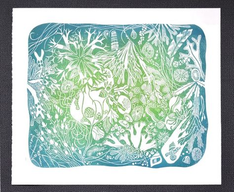 New England Bay ROCKPOOL lino print lino cut seaweed shell beach Print Lino, Blue Green Turquoise, Art Printmaking, Lino Printing, Lino Prints, Gelli Printing, Lino Cut, Shell Beach, Rock Pools