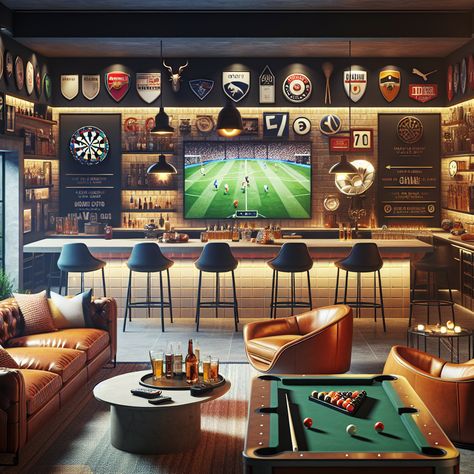 Unveiling a dynamic man cave replete with an array of recreational amenities. The space boasts a pool table, dartboard, a colossal gaming TV, and a bar. Comfortable leather couches, sports keepsakes, neon lighting, and personal memorabilia complete the setting. #ManCave #InteriorDesign #HomeBar #GameRoom #SportsMemorabilia #EntertainmentSpace Sports Bar Home Man Cave, Tv Room With Pool Table, Sports Bar Basement Ideas, Pool Room Ideas Man Cave, Basement Pool Table Room, Modern Billiard Room, Luxury Billiard Room, Pool Hall Ideas, Comfortable Leather Couch