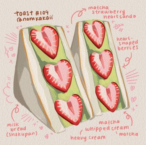 Strawberry Sando Drawing, Fruit Sando Drawing, Matcha Illustration Cute, Toast Sketch, Aesthetic Food Drawing, How To Draw Food, Food Drawing Sketches, Sando Recipe, Dessert Drawings