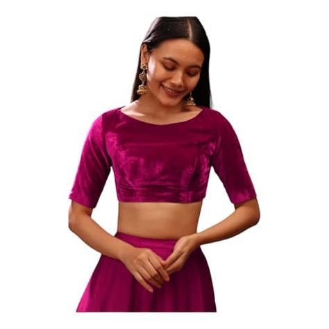 Swiss Couture Purple Pink Velvet Blouse in Round Neckline & Half Sleeves, Designer Blouse, Bollywood Crop Top Padded Choli Pink Velvet Blouse, Blouse Size Chart, Velvet Blouse, Crop Top Designs, Indian Saree Blouse, Indian Blouse, Velvet Blouses, Fancy Blouses, Readymade Blouse