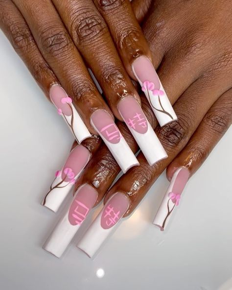 Pink Cherry Charm Nails, Pink Baddie Nails, Baddie Nail Designs, French Nails Pink, Pink Christmas Nail, Nails Pink French, Nail Ideas For 2023, Cherry Blossom Nails Art, Colourful Acrylic Nails