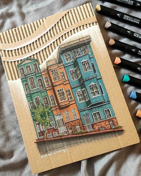 26 Buildings Drawn On Pieces Of Cardboard To Create A 3D Effect By A 5th-Year Student Of Architecture | Bored Panda Houses On A Slope, Acrylic Paint Art Ideas, Paint Art Ideas, Acrylic Paint Art, Paper Art Sculpture, Interior Architecture Drawing, Building Painting, Cardboard Painting, Watercolor Art Paintings