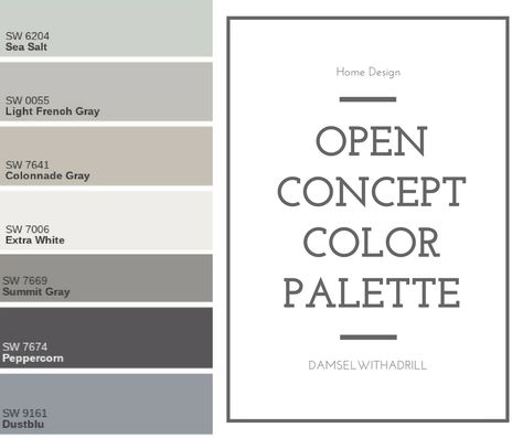 Colonnade Gray Color Scheme, Peppercorn Color Scheme, Seasalt Color Scheme, Peppercorn Color Palette, Open Concept Kitchen Living Room Colors, Collonade Gray, Colonnade Gray, Small Open Concept, Coastal Diy