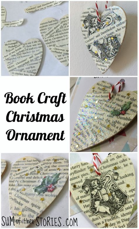 Old Song Book Crafts, Craft Using Old Books, Christmas Ornaments Made From Old Book Pages, Christmas Tree From Book Pages, Old Book Ornaments Diy, Ornaments From Old Christmas Cards, Book Lover Christmas Ornament, Harry Potter Book Page Crafts, Book Lover Ornament Diy