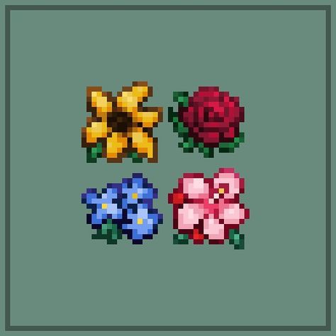 Flowers! (Black-eyed Susan, Rose, Forget-Me-Not, Plum Blossom) [16x16] - - - #aseprite #pixelart #digitalartist #flowers Forget Me Not Pixel Art, Pixel Art Nature, Rose Pixel Art, Flowers Pixel Art, Tapestry Earrings, 16x16 Pixel Art, Pixel Nature, Pixel Art Flower, Flower Pixel Art