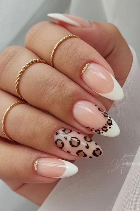 Designed French Nails, French Nails With Leopard Print, Almond Nails Designs Cheetah, Chic Almond Nail Designs, Leopard And French Tip Nails, French Nails With Animal Print, Nail Inspo Animal Print, Almond Nails Leopard Print, French Manicure With Leopard Print