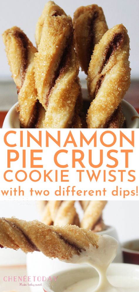 You can make the best cinnamon cookies using extra leftover pie dough, twirled into dippable cookie sticks! This easy recipe is one of the best ways to use pie crust scraps and is filled with cinnamon sugar and made with creamy vanilla icing and rich salted caramel for dipping. Make this pie crust cookie recipe with a homemade crust or a store-bought Pillsbury crust! #piecrustcookie #piecrustcookies #piedough #piecrust #cinnamon #easycookies #cookierecipe Ready To Use Pie Crust Recipes, Recipes To Use Up Pie Crust, Dessert Recipes Handheld, Boxed Pie Crust Recipes, How To Use Frozen Pie Crust, Food To Make With Pie Crust, What To Make With Pie Crust Dinner, Pie Crust Lunch Ideas, Pie Shell Uses