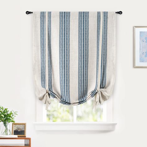 Roman Shades Bathroom, Tie Up Curtains, Blackout Curtains Bedroom, Small Window Curtains, Striped Room, Linen Layers, Linen Curtain, Bathroom Windows, Darkening Curtains