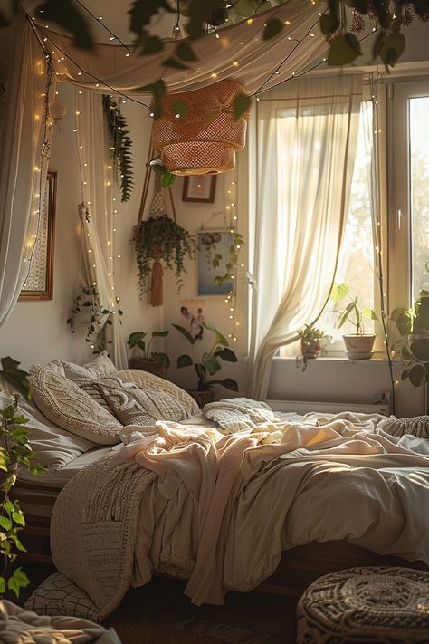 Cozy Bedroom Retro, Retro Boho Bedroom Ideas, Bedroom Design Eclectic, Small Cottagecore Bedroom, Boho Nature Bedroom, Bedroom Ideas Retro, Boho Vintage Bedroom, Cottagecore Apartment, Boho Aesthetic Room