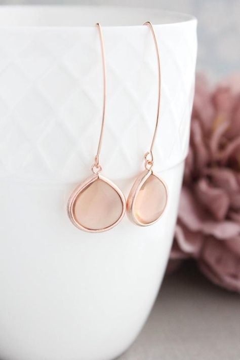 Rose Gold Earrings, Peach Blush Glass, Simple Design Long Dangle, Nickel Free Lightweight, Peach Pin Pink Jewels, Rose Gold Frame, Peach Blush, Jeweled Earrings, Perfect Palette, Fall Jewelry, Blush Wedding, Jewelry For Her, Nature Jewelry