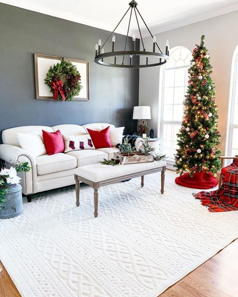 Claire | Claire Lynn Home on Instagram: “Put a Christmas tree in it! That’s my motto for Christmas 2020! No room is off limits!!🌲 I’m determined to stick a tree in every single…” Throw Pillows For Beige Couch, Pillows For Beige Couch, Dark Grey Feature Wall, Beige Sectional Couch, Rustic Trunk Coffee Table, Beige Couch Pillows, White Sitting Room, Grey Feature Wall, Shiplap Living Room