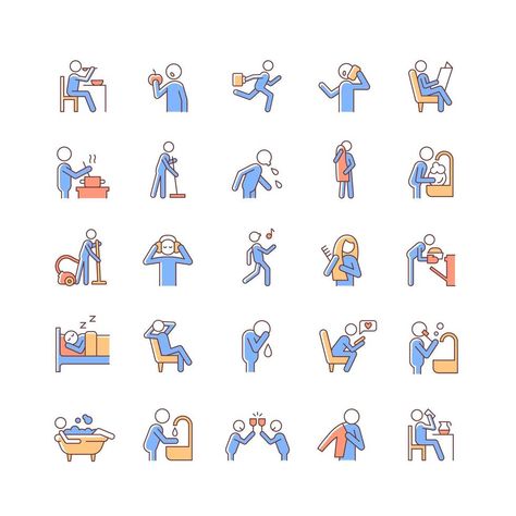 Illustrations Simple, Daily Routine Activities, Dibujo Simple, Color Icons, Human Icon, Activities Of Daily Living, Outline Illustration, Line Drawings, Human Activity