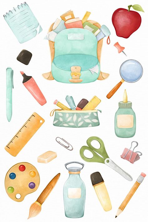 Watercolor School Supplies, Back To School Artwork, Back To School Presents For Kids, Back To School Clipart Image, Print Stickers Free Printable, First Day Of School Clipart, School Supplies Illustration, Stationary Clipart, School Supplies Drawing