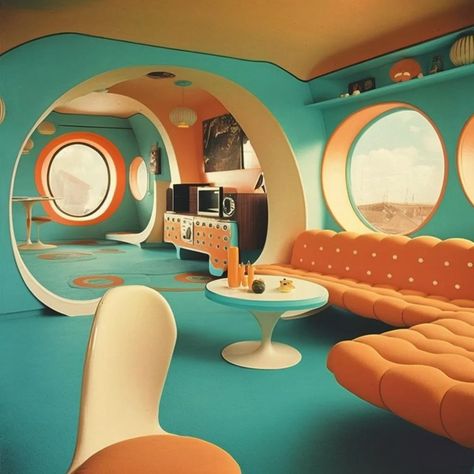 Space age 60’s living room : r/midjourney Retro Futurism Interior, Space Age Interior, Space Age Aesthetic, 60s Space Age, Vintage Futurism, Age Aesthetic, 70s Interior, Retro Interior Design, Futuristic Home