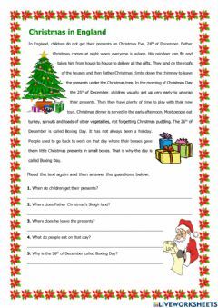 Christmas in England Language: English Grade/level: Grade 5 School subject: English as a Second Language (ESL) Main content: Christmas Other contents: Holiday Reading Comprehension, Christmas Reading Activities, Syllable Rules, Christmas Reading Comprehension, Free Reading Comprehension Worksheets, Christmas In England, Christmas Lesson, English Christmas, Christmas Reading