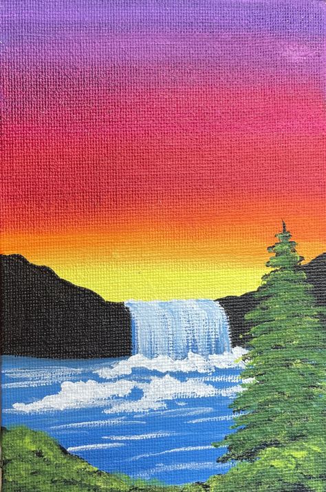 Aesthetic Art Acrylic Paintings, Wall Painting Ideas Living Room, Easy Nature Paintings, Modern Wall Painting, Sunset Paintings, Canvas Landscape Painting, Canvas Painting Projects, Waterfall Painting, Sunset Canvas Painting