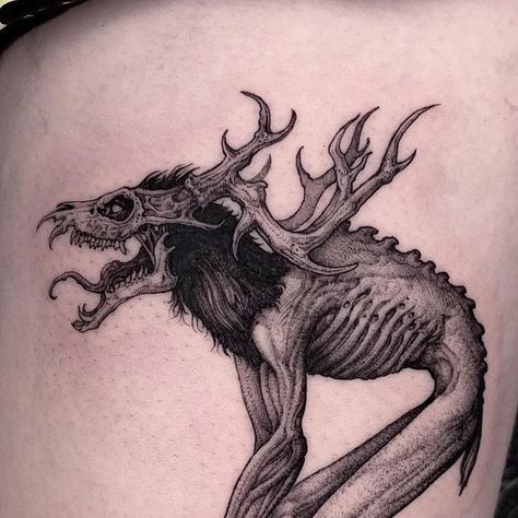 Chupacabra Art Tattoo, Wendigo Tattoo Design, Skinwalker Tattoo, Black Phillip Tattoo, Wendigo Tattoo, Cryptid Tattoo, Black Phillip, Bone Tattoo, Tattoo Aesthetic