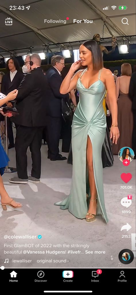 Vanessa Hudgens Dress, Light Teal Dress, Red Carpet Dresses Prom, Light Blue Dress, Dress 2022, Light Blue Dresses, Louis Vuitton Gucci, Teal Dress, Charles Keith