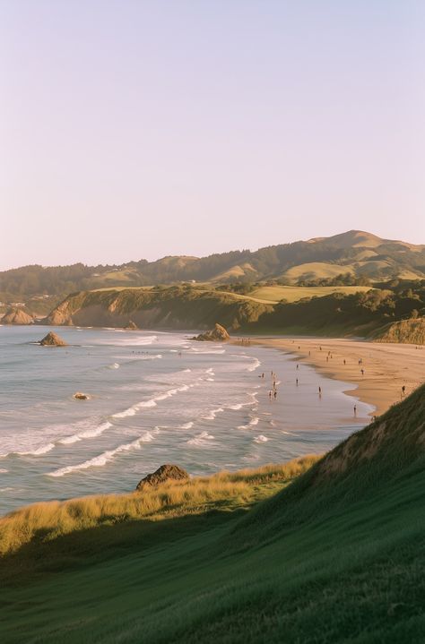 Vave BG - A wide shot of the beach at Raglan in New Zealand, during the golden hour with a clear sky. The photo was taken with a Leica M6 and Portra film, featuring surfers on the water and grassy hills in the background. Raglan New Zealand, Portra Film, Grassy Hill, Leica M6, Travel Girl, The Golden Hour, Clear Sky, 2025 Vision, Leica