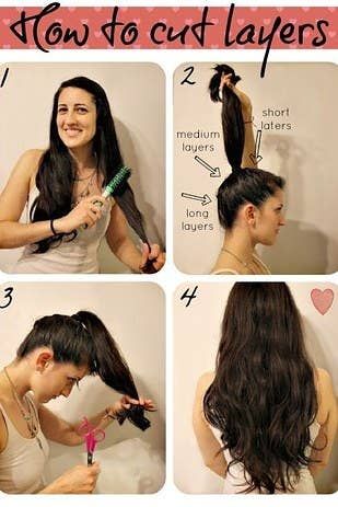 27 Tips And Tricks To Get The Perfect Ponytail Long Hair Diy, Ponytail Haircut, Diy Ponytail, Cut Own Hair, Layered Haircuts For Women, How To Cut Your Own Hair, Diy Haircut, Hair Trim, Long Layered Haircuts